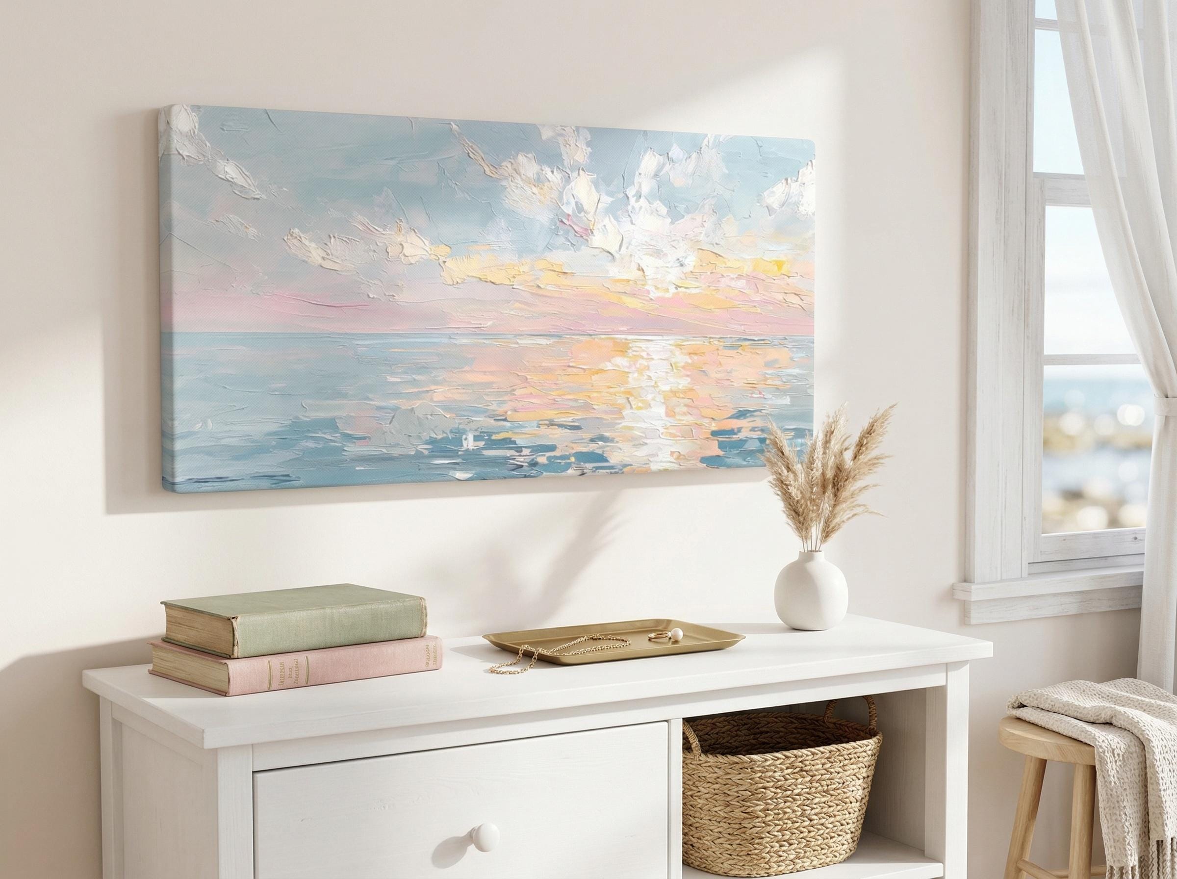 Quadro su tela con tramonto sull'oceano in colori pastello - Decorazione per casa sulla spiaggia, Paesaggio marino moderno costiero, Stampa su tela pr