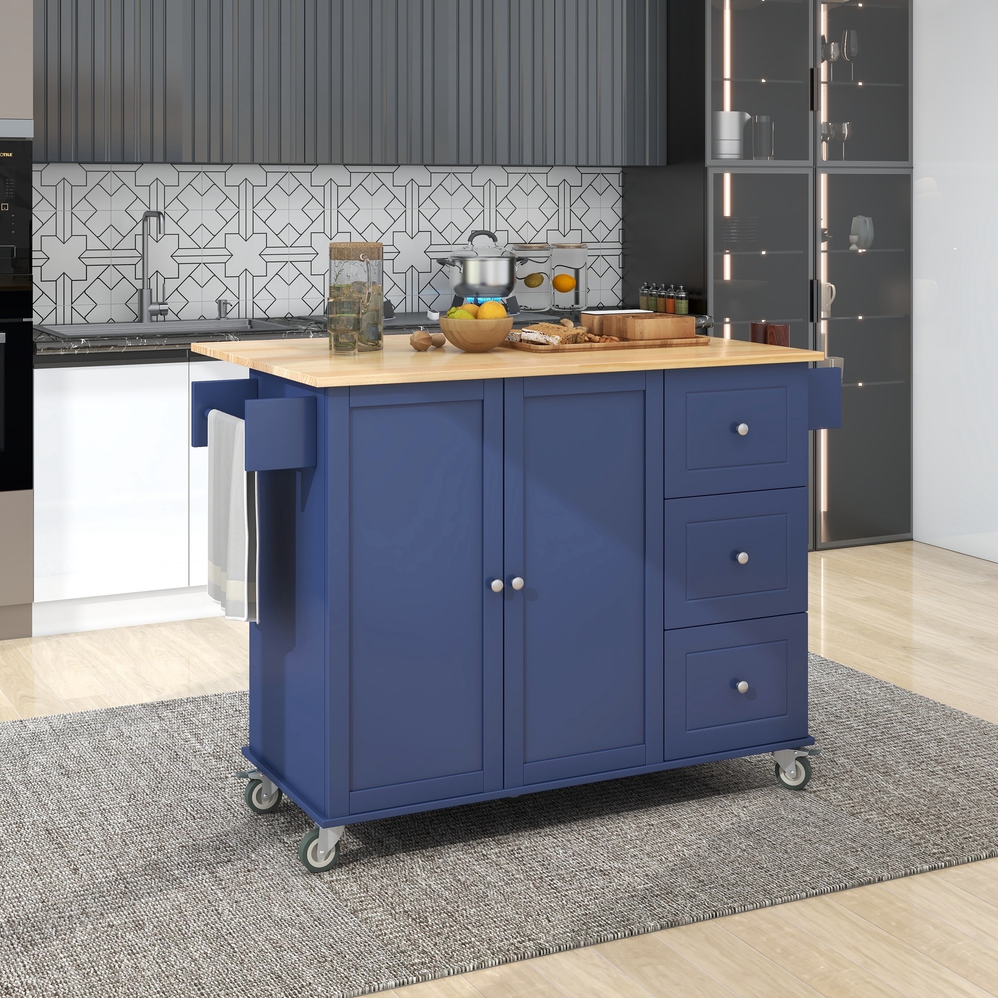 Rolling Mobile Kitchen Island with Drop Leaf - Solid Wood Top