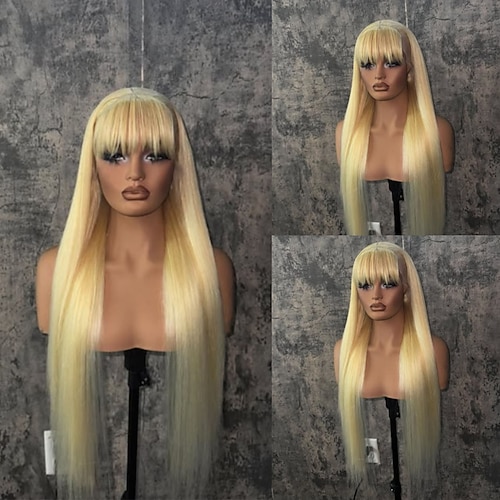 Remy Echthaar 5x5 Verschluss 13x4 Spitzenfront Perücke Gerader Pony Mit Pony Brasilianisches Haar Glatt Blond Perücke 150% 180% Haardichte mit Babyhaaren 100% Unbehandelt Kleberfrei Vorgerupft Für Image