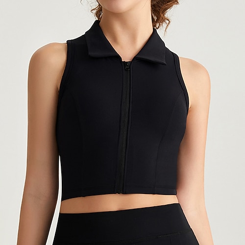 Damen Weste-BH mit durchgehendem Reißverschluss Panzer Revers Medium Unterstützung Gepolstert Ärmellos Sport Einfarbig Oberteil Für Fitnessstudio Laufen Fitness Sportkleidung Image