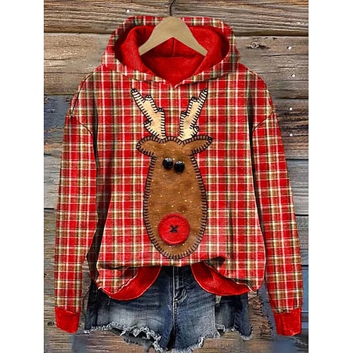 Damen Rentier Pullover Hoodie Sweatshirt Grafik Tier Karierter Lässig Langarm Kapuze Regulär Oberteile Party Abendkleidung Street Alltag Rot Blau Grau Frühling Herbst Winter Image