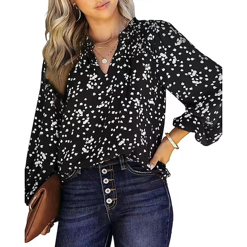 Damen Bluse Gerafft Druck Tupfen Vintage Stilvoll Langarm V Ausschnitt Normale Oberteile Täglich Arbeit Ferien Blau Schwarz Weiß Gelb Wein Frühling Herbst Winter Image