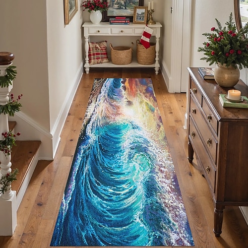 Ozeanwellen-Läuferteppich für Flur und Küche weicher rutschfester maschinenwaschbarer Teppich Faux Cashmere Küstenlandschaftsteppich mit blauem Meer und Sonnenuntergang farbenfrohe Welle von Dakota Image