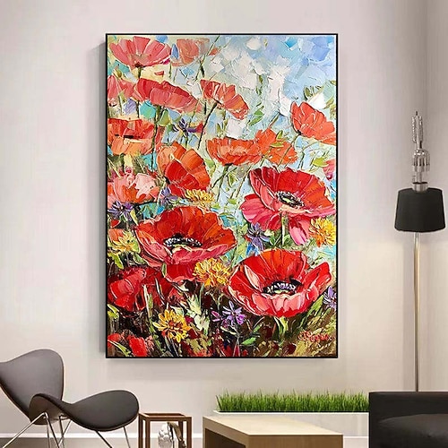 handgefertigtes Ölgemälde auf Leinwand, Wandkunst, Dekoration, abstrakte Blumen, Messerzeichnung, rote Gänseblümchen für Heimdekoration, gespannter Rahmen, hängendes Gemälde/gerolltes rahmenloses, Image