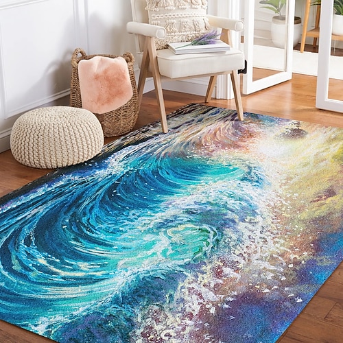 Abstrakter Ozeanwellen Teppich für Wohnzimmer und Schlafzimmer Faux Kaschmir Küstenkunst Teppich mit bunten Wellen und Sonnenuntergang Design weich rutschfest maschinenwaschbar Teppich Bunte Welle Image