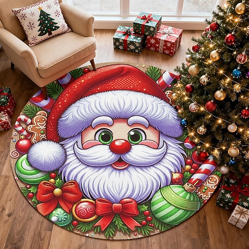 Teppiche Weihnachtsmann Weihnachtsrunde Teppich für Wohnzimmer und Schlafzimmer Faux Kaschmir Fröhliche Weihnachten Teppich mit Zuckerstange Weich Rutschfest Maschinenwaschbar Teppich Feiertags Image