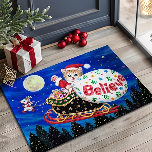 Weihnachts-Fußmatte für Eingangsbereich weicher rutschfester maschinenwaschbarer Faux Kaschmir Haustürmatte festliche Eingangsbereich Teppich Glauben und LebkuchenSchlitten von Kayomi Harai Image