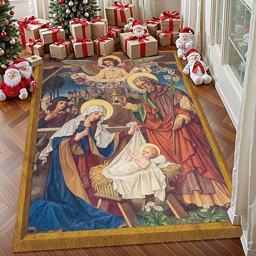 Krippenszene Weihnachtsbereichsteppich für Wohnzimmer und Schlafzimmer Faux Cashmere Jesus Geburtsteppich mit Maria Josef und Baby Jesus religiöse Weihnachtskunst weich rutschfest maschinenwaschbar Image