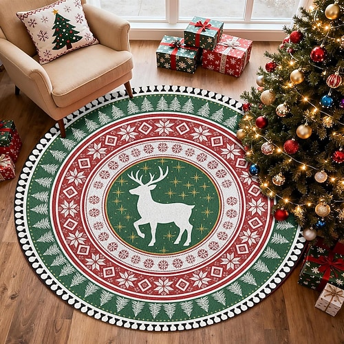 Rentier Weihnachtsrunde Teppich für Wohnzimmer und Schlafzimmer Kunstkaschmir Merry Xmas Teppich mit Schneeflockenmuster weiche rutschfeste maschinenwaschbare Matte festlicher Feiertagsfußmatte 4 Fuß Image