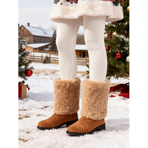 Burgunderrote Winterstiefel aus Kunstfell bis zur Wadenmitte für Damen – warme Schneestiefel im Weihnachtsmann-Stil für Weihnachten, Feiertagsoutfits und Outdoor-Bekleidung Image