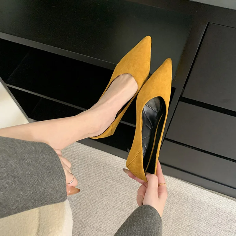 Yellow Shoes Women Heels Autumn Pointed Toe Heels 7cm Ladies Burgundy Pumps Comforts Office Shoes Zapatos Mujer 2025