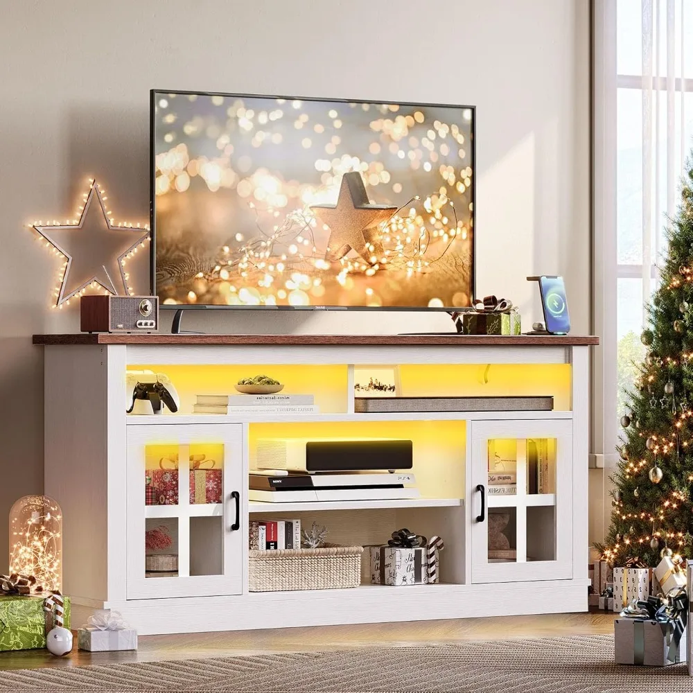 "65 inch tv farmhouse style entertainment center with led lighting and charging dock"