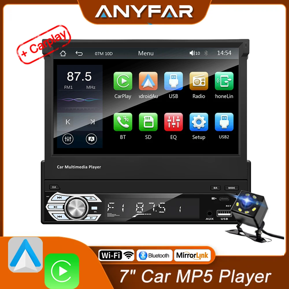 Universal Carplay Android Auto 1 Din MP5 Player 7 Zoll Manuelle Automatische Versenkbare Touchscreen Auto Player FM Radio Spiegel Link Image