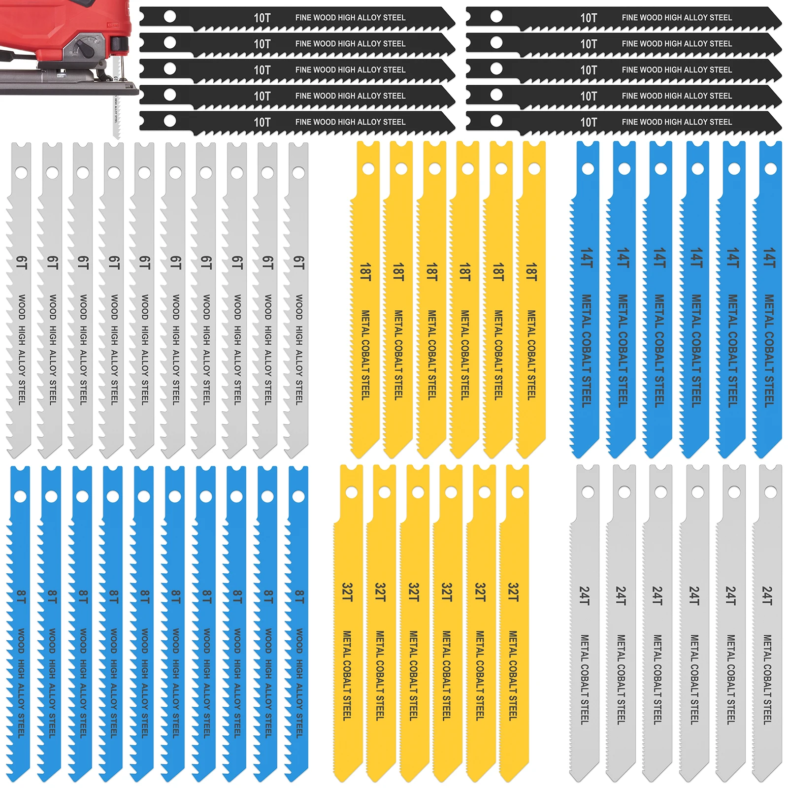 34/54-teiliges Stichsägeblatt-Set aus Kohlenstoffstahl, verschiedene U-Schaft-Stichsägeblätter zum Schneiden von Holz, Metall und Kunststoff, 6/8/10/14/18/24/32 TPI Image
