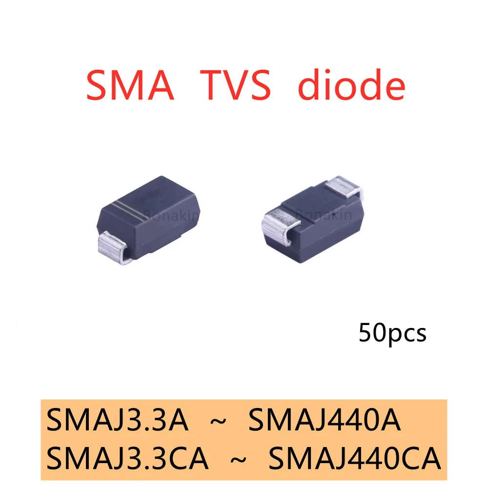 50 Stück SMD SMA TVS Diode SMAJ 3,3CA 5,0CA 6,0CA 6,5CA 12CA 13CA 14CA 15CA 16CA 18CA 20CA 24CA 26CA 28CA 30CA 33CA 36CA 58CA 70CA Image