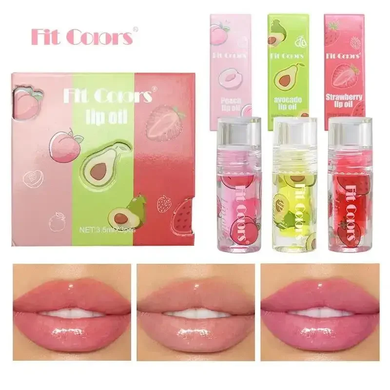 Veganes, freundliches Lipgloss-Set, 3-teilig, feuchtigkeitsspendende, transparente Formel, Fruchtduftöl mit Avocado-Erdbeer-Pfirsich Image