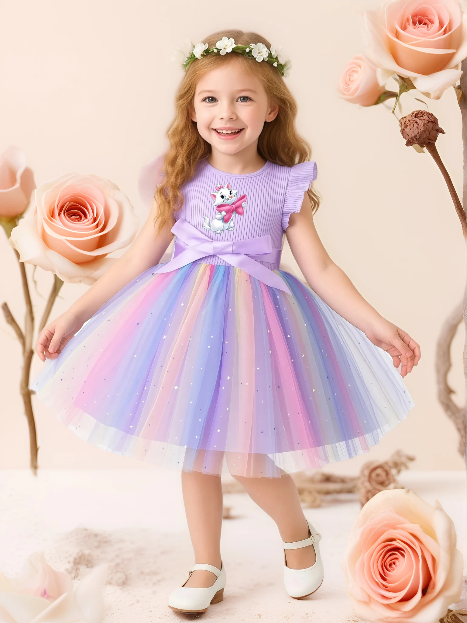 Marie Katze Süße Mädchen Fliegende Ärmel Schleife Pailletten Kleid Kinder Baby Mädchen Geburtstag Party Flauschigen Tutu Prinzessin Kleid 1-5Y Image