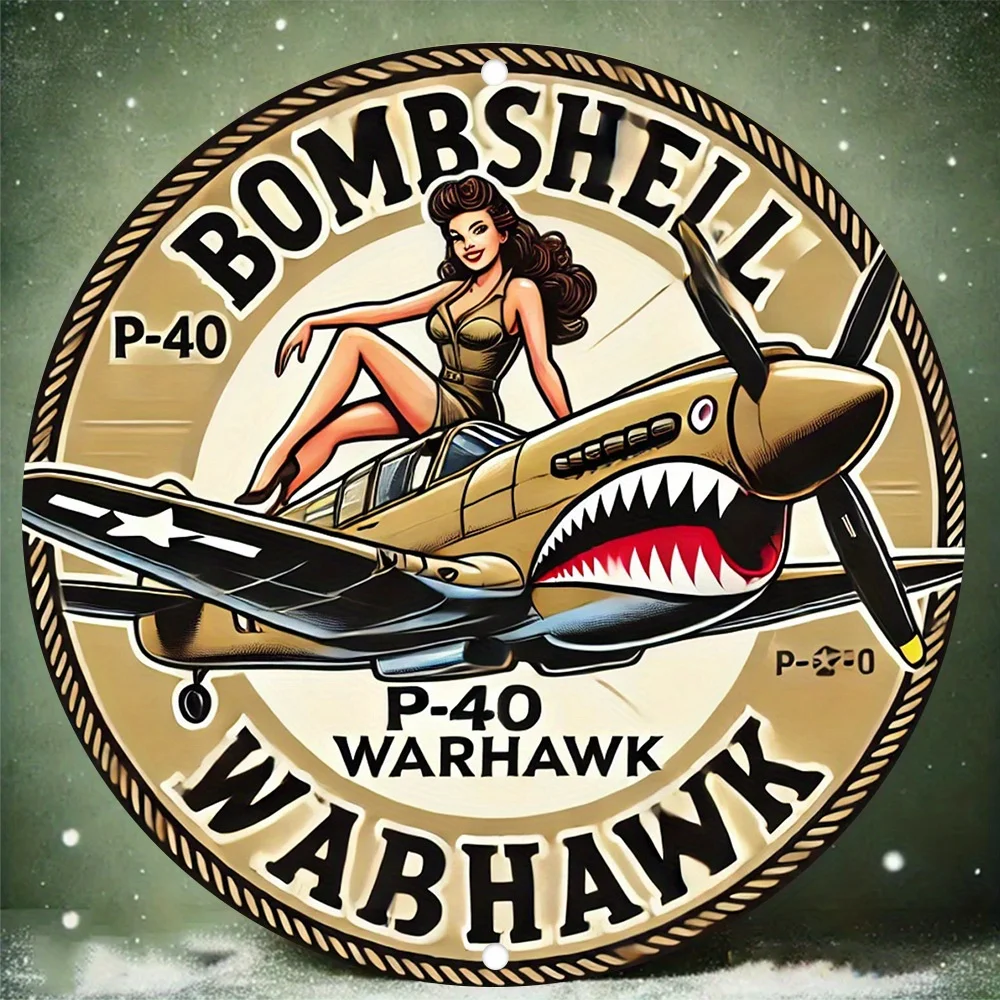[2D Flat] Vintage Bomber Pilot Metallschild – Aluminium, Retro-Kampfflugzeug und Damen-Design, wasserdicht und staubdicht, ideal für Zuhause Image