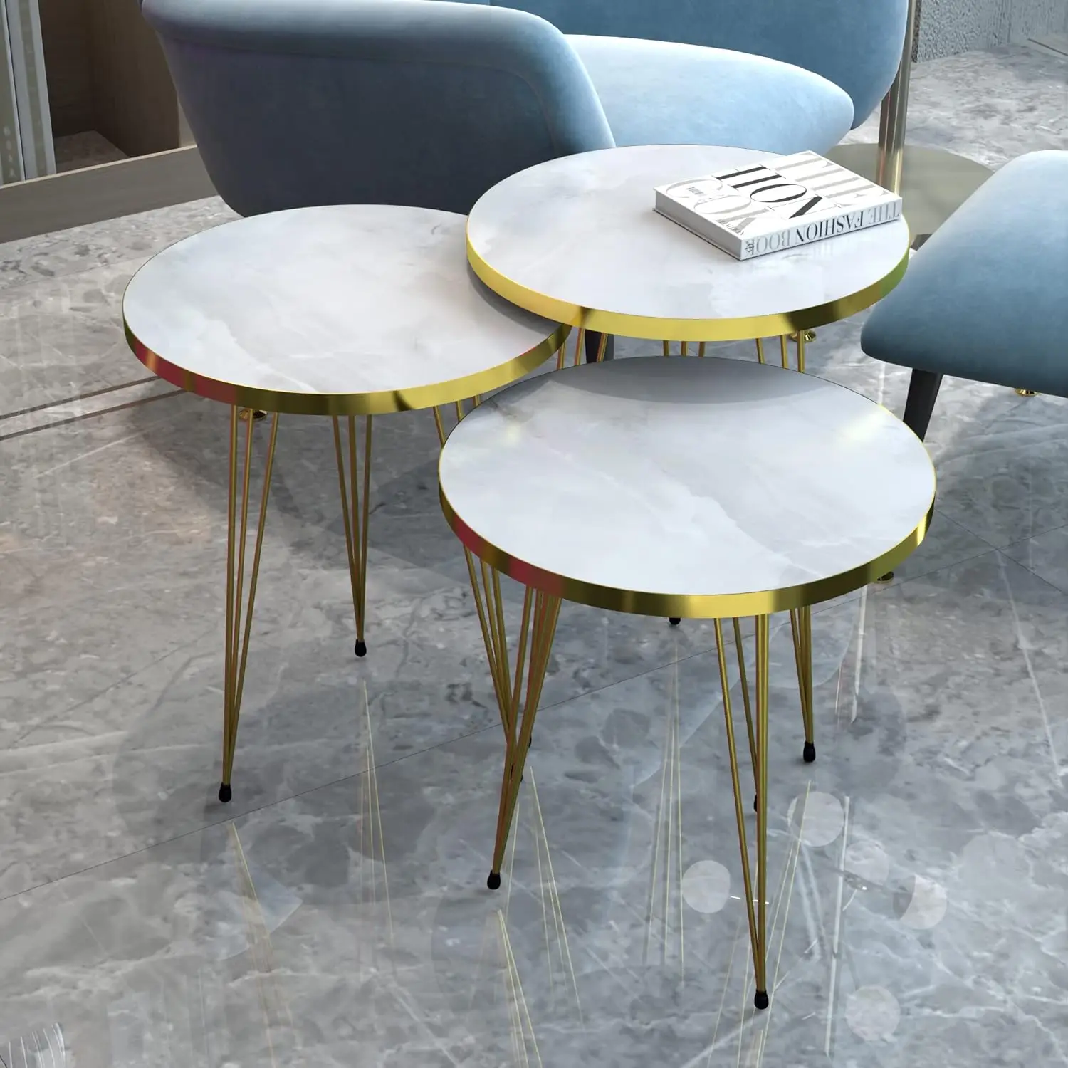 Satztisch Skibby Beistelltisch im 3er Set Kaffeetisch mit Haarnadelbeinen für Wohnzimmer 3-TLG. aus Metall und Spanplatte rund Marm