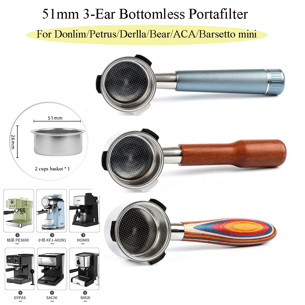 51 mm 3-Ohr nackter Siebträger für Donlim KF7001/KF8001/CM4621/Barsetto Mini-Espressomaschine, modifizierter Griff mit Korb