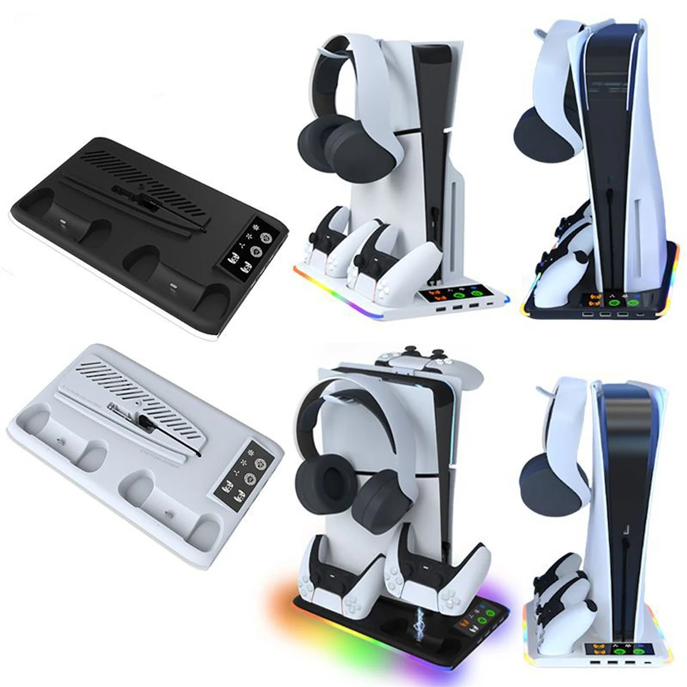 3 in1gamepad Speicher halter Ladestation mit Kopfhörer halter Universal RGB Licht Kühl basis für ps5/ps5 schlanke Spiele konsole Image