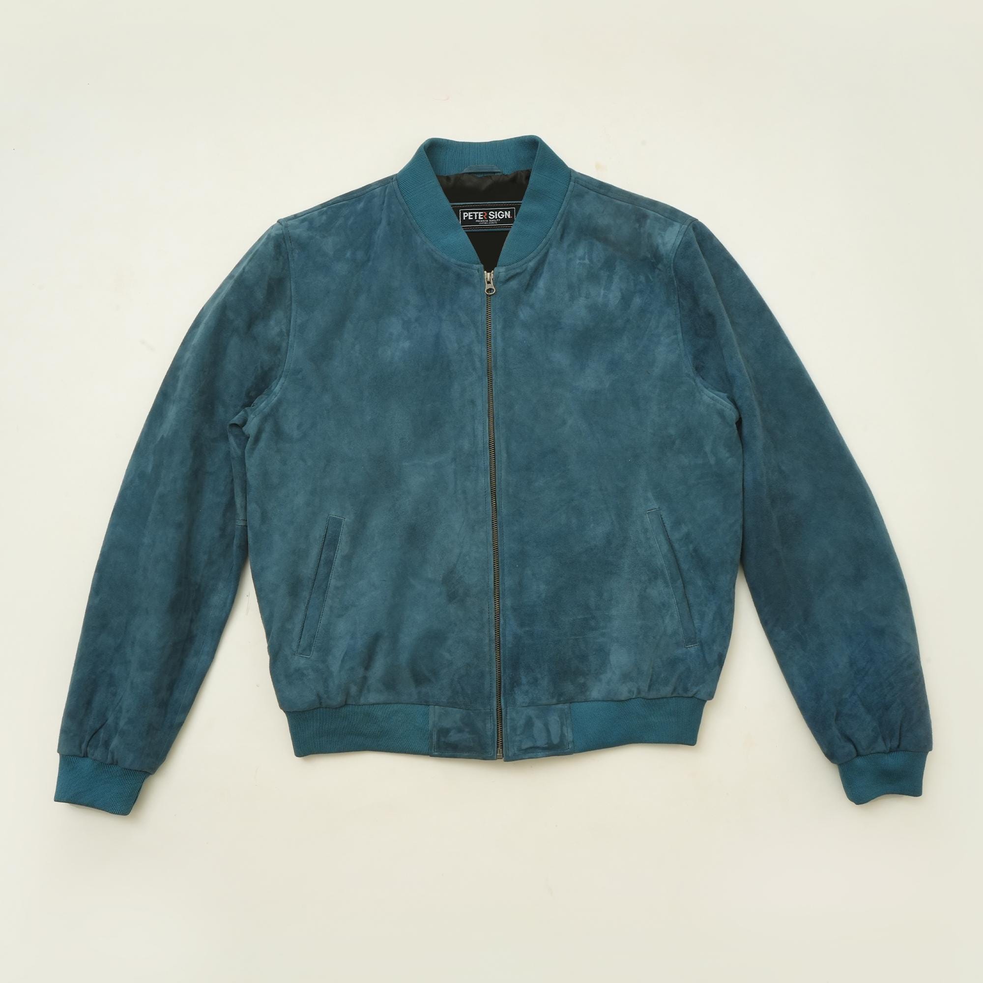 Giubbotto bomber in pelle scamosciata blu da uomo / Giubbotto con cerniera in vera pelle / Giubbotto bomber in pelle scamosciata blu fatto a mano / Gi