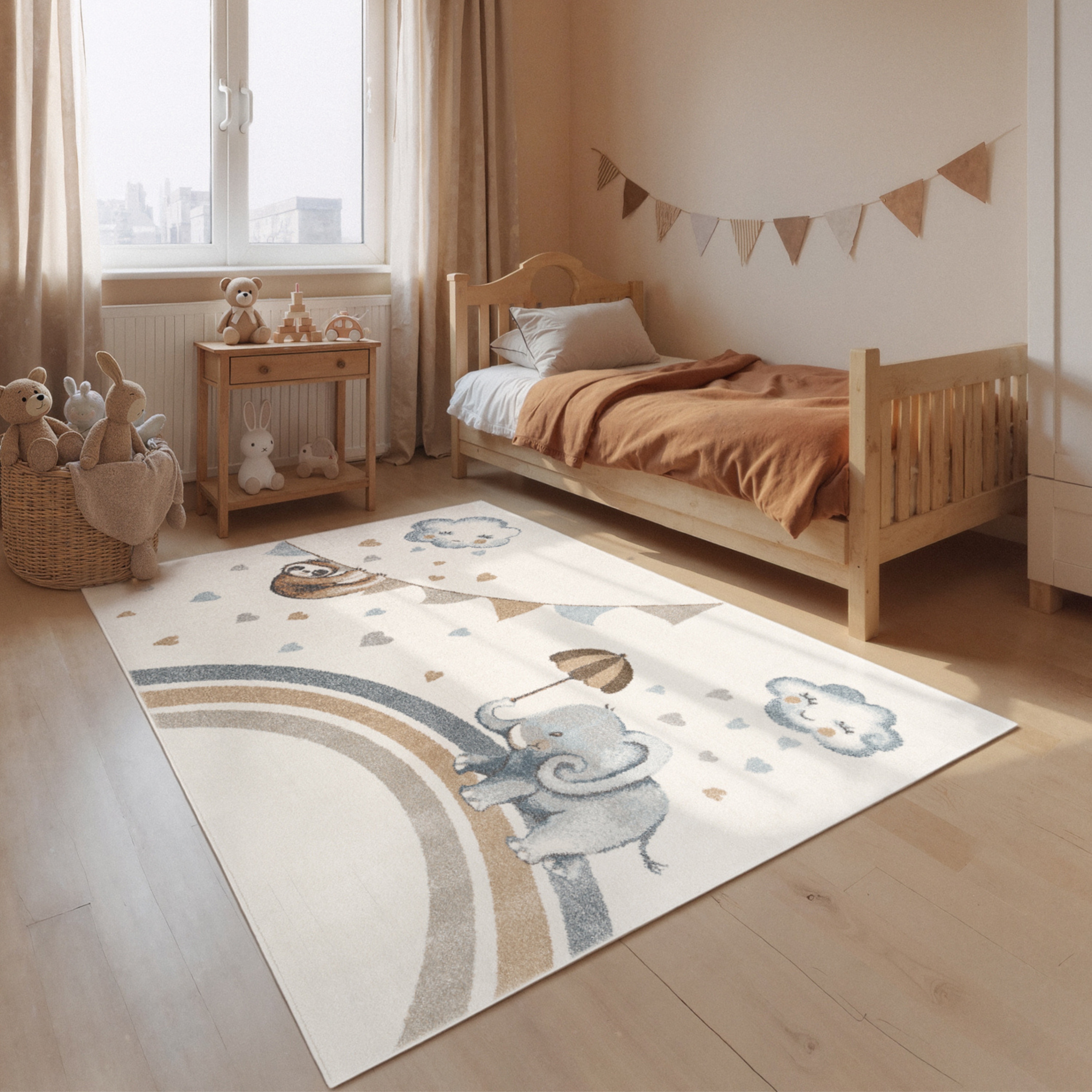 Kinderteppich VILLEROY & BOCH "Walk like an Elephant Rainy Party Teppich", creme, mulitfarben, B:120cm H:9mm L:170cm, Polypropylen, Teppiche, Kinderteppich, Spielteppich weich, Kinderzimmer, Boho Kids Spielunterlage, Tieremotiv
