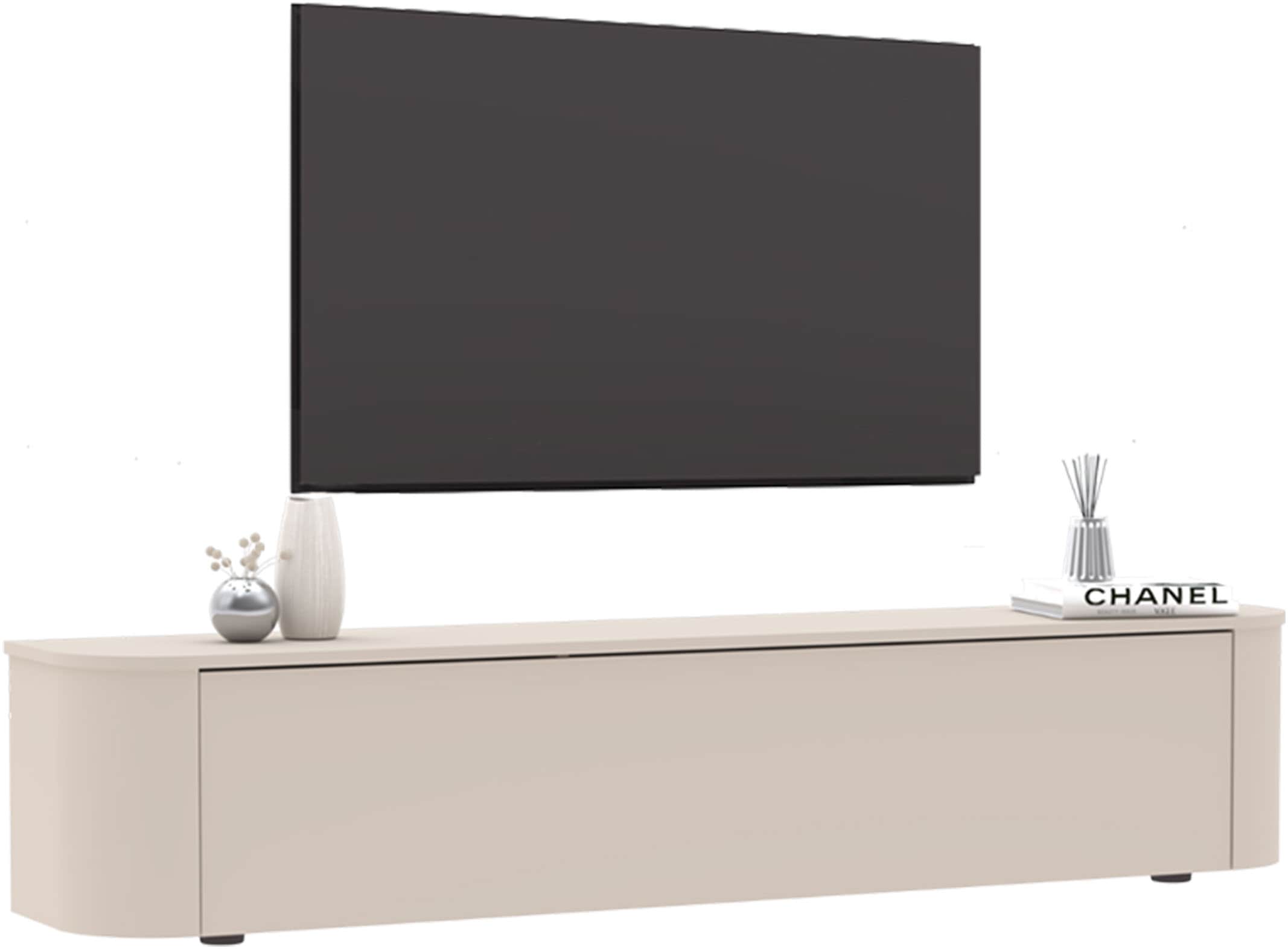 Lowboard INOSIGN "Lido, 181 cm breit, 1 Klappe, TV-Schrank, TV-Kommode, Medienboard", cashmere, B:181cm H:37cm T:33cm, FSC-zertifizierter Holzwerkstoff, Sideboards, Lowboard, Formgebogenes MDF, Stirnseiten Rundung, Push-to-open, hängend/stehend