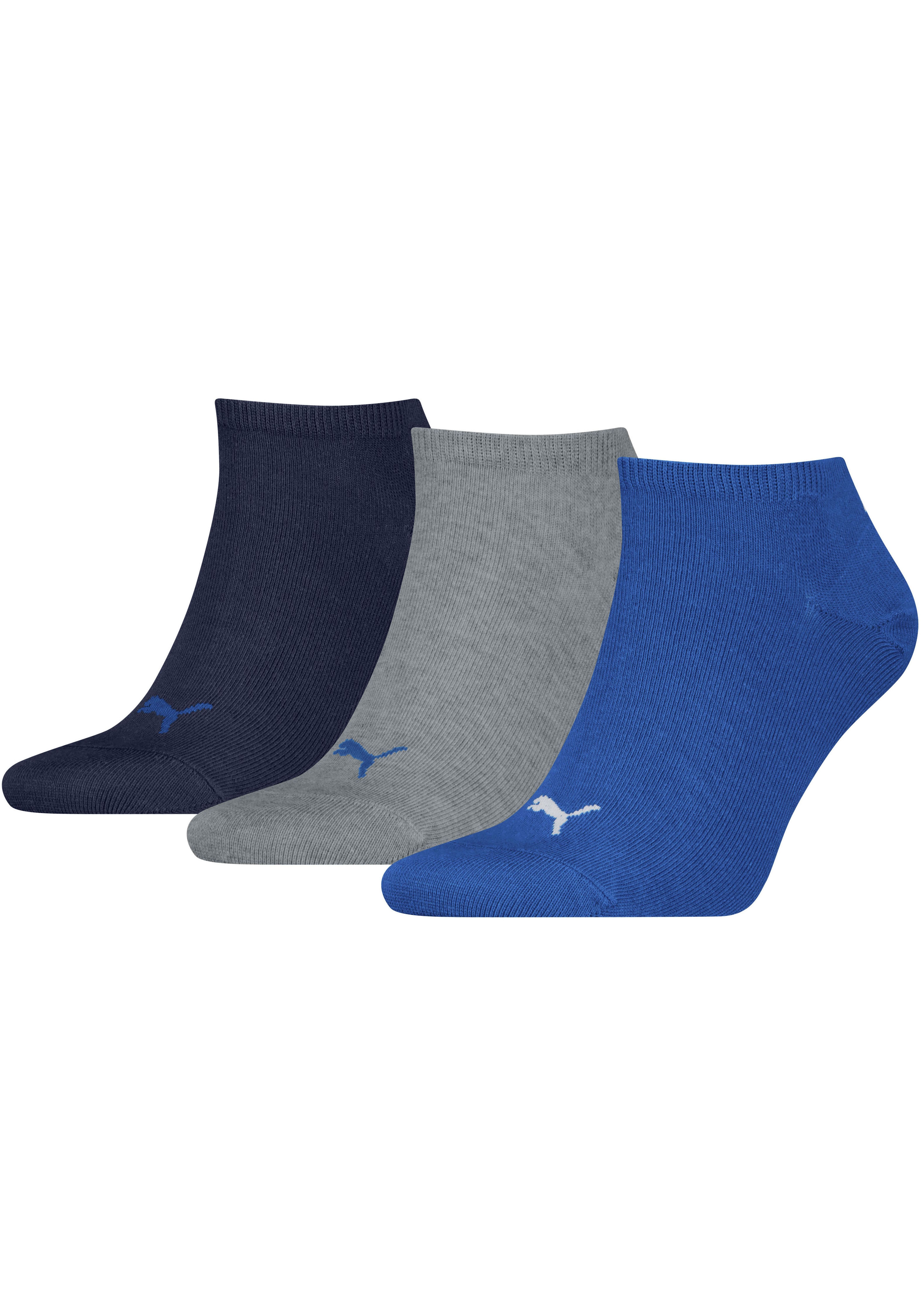 Sneakersocken PUMA "PUMA UNISEX SNEAKER PLAIN 3P", Herren, Gr. 47-49, blau (1x royalblau, 1x grau, meliert, 1x marine), Baumwollmischung, meliert, unifarben, Socken Sneakersocken, mit kleinem Logo