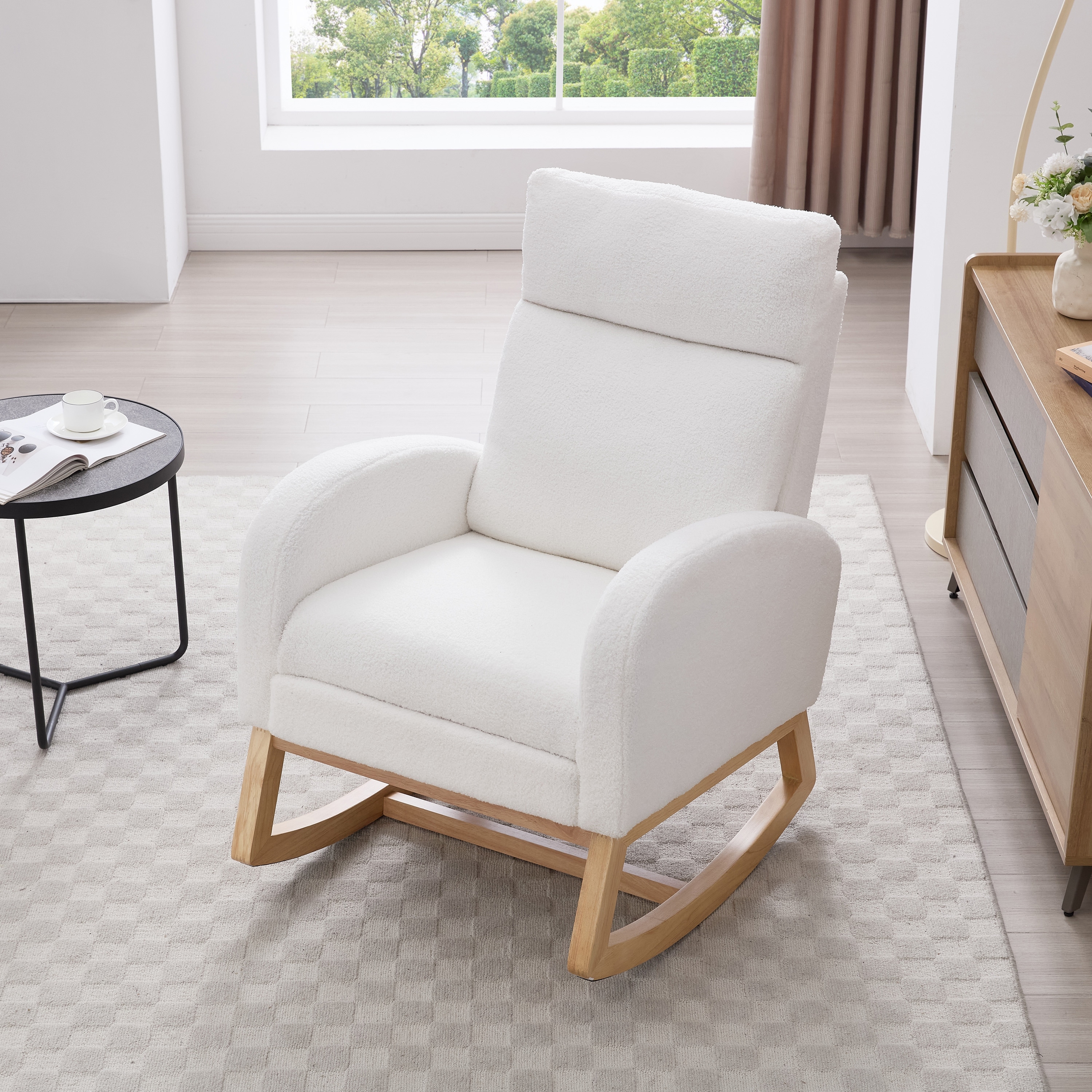 Teddy Fabric Leisure Rocking Chair,Nursery Rocking Chair With Adjustable Footstool,Thickened Headrest And High Backrest