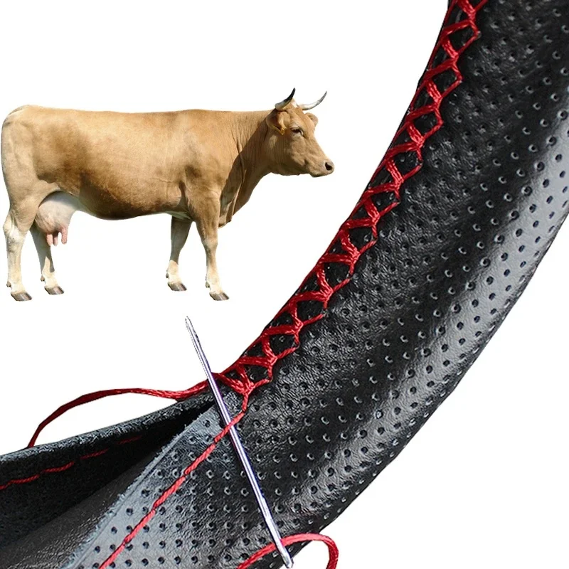 Housse de volant de voiture en cuir véritable, housse tressée antidérapante pour volant en peau de vache 37cm-38cm, protection de volant