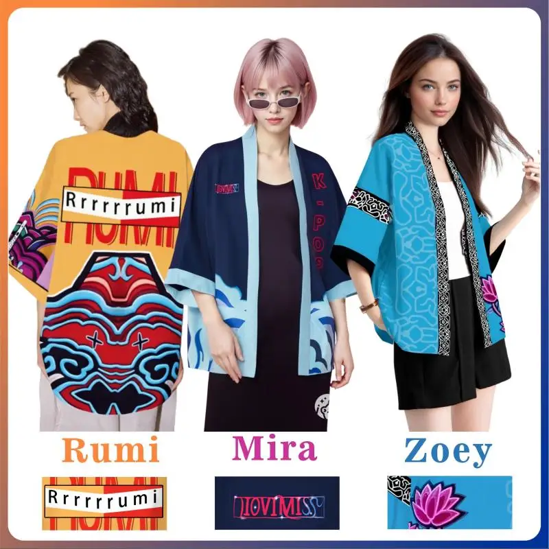 2023 Neues Film-Rumi- Mira-Dämonen-Cosplay-Kostüm für Damen, Halloween, K-Pop, Zoey-Jäger, einzigartiger Musterdruck, Strickjacke, Kimono-Mantel Image