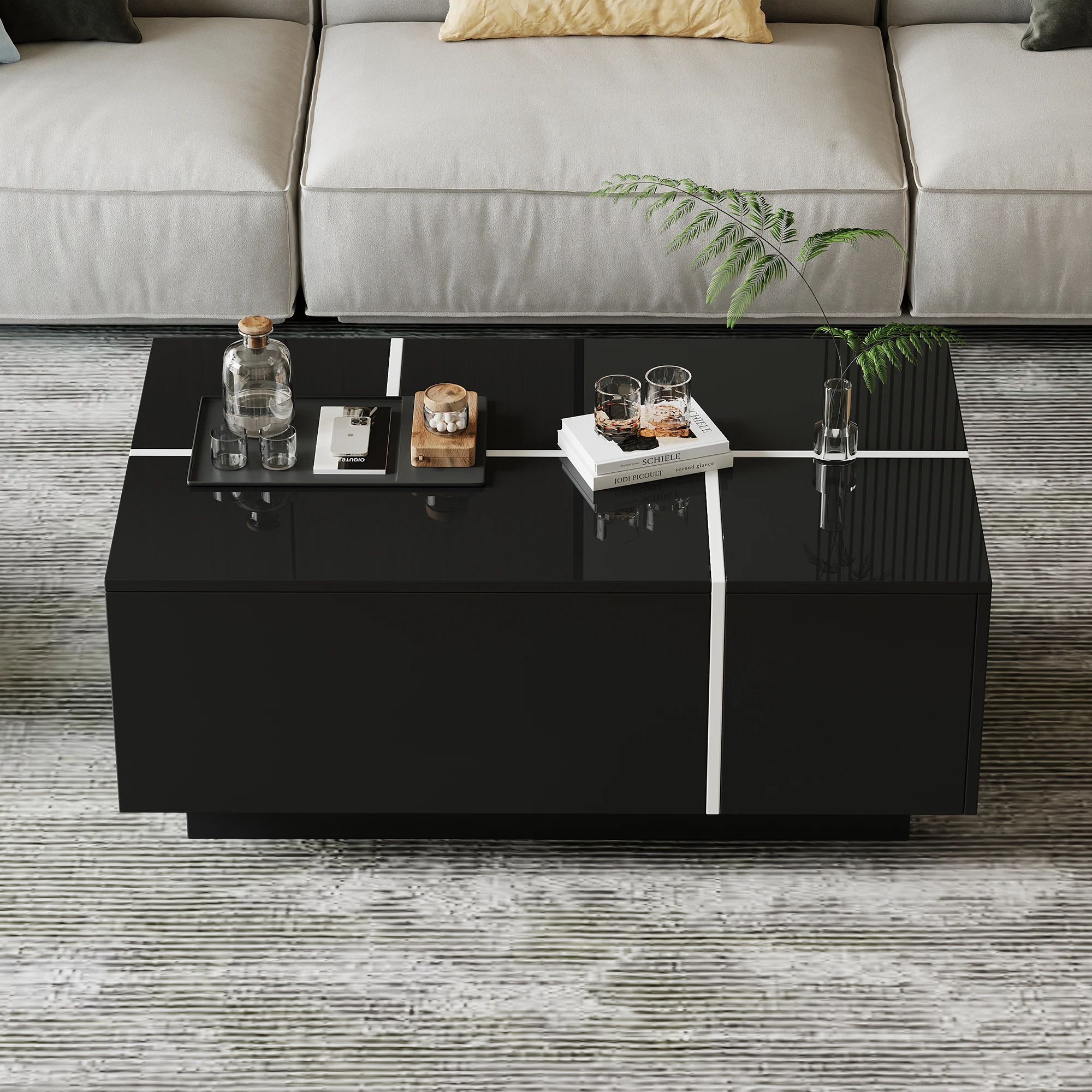 Anajqaqia 100 x 60 x 40 cm moderner schwarzer quadratischer Couchtisch, Wohnzimmertisch, Sofatisch mit 4 Schubladen, Schwarz