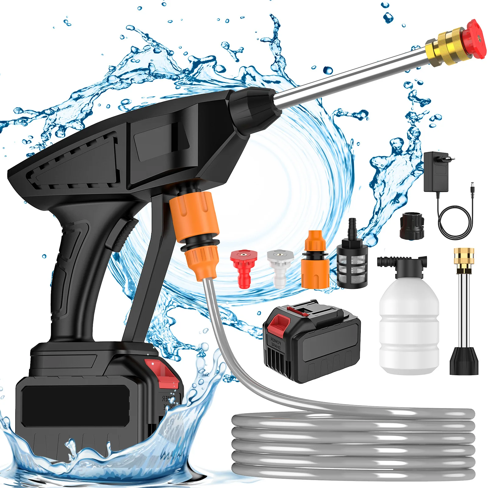Tragbare Hochdruckreiniger mit Batterie, kabellose Waschmaschine, multifunktionale Düse zum Autowaschen, Hofreinigung, Wasserblumen