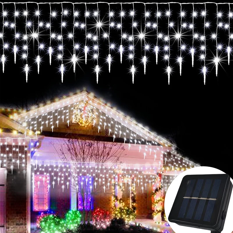 96/162LED Garland LED Icicle Curtain String Lights Droop Outdoor Solar Light String Garden Street Wedding Decorative Lighting