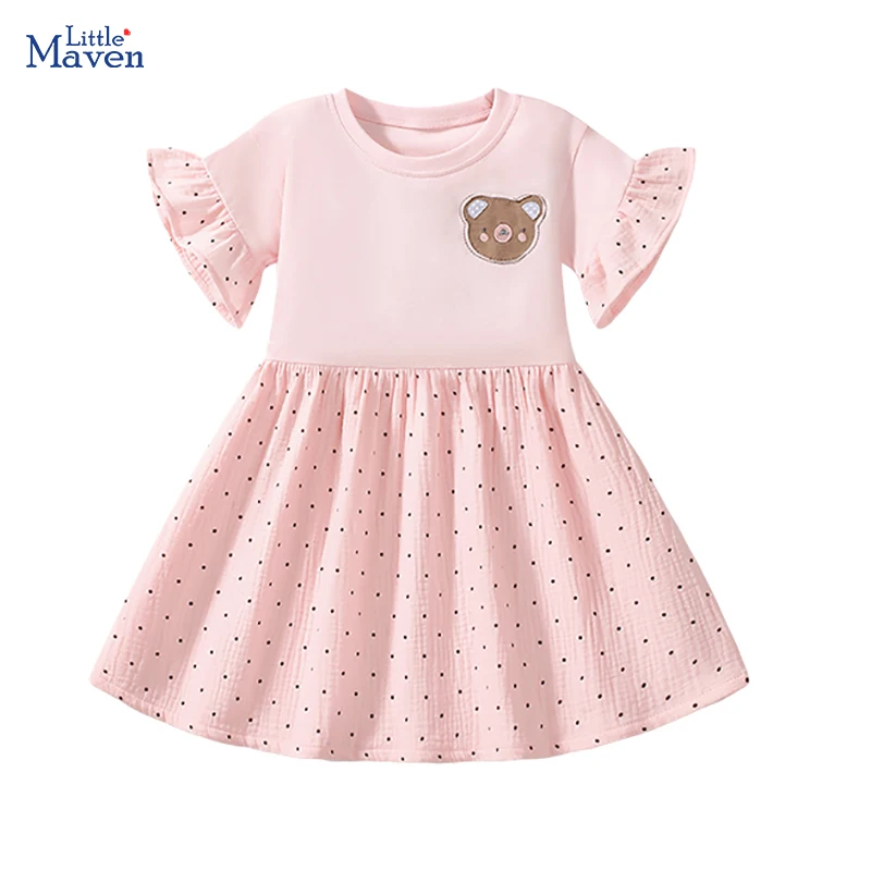 Little Maven 2026 Neue Sommer-Kinderkleidung für Mädchen, Baumwoll-Freizeitkleidung mit Cartoon-Bären-Motiv Image