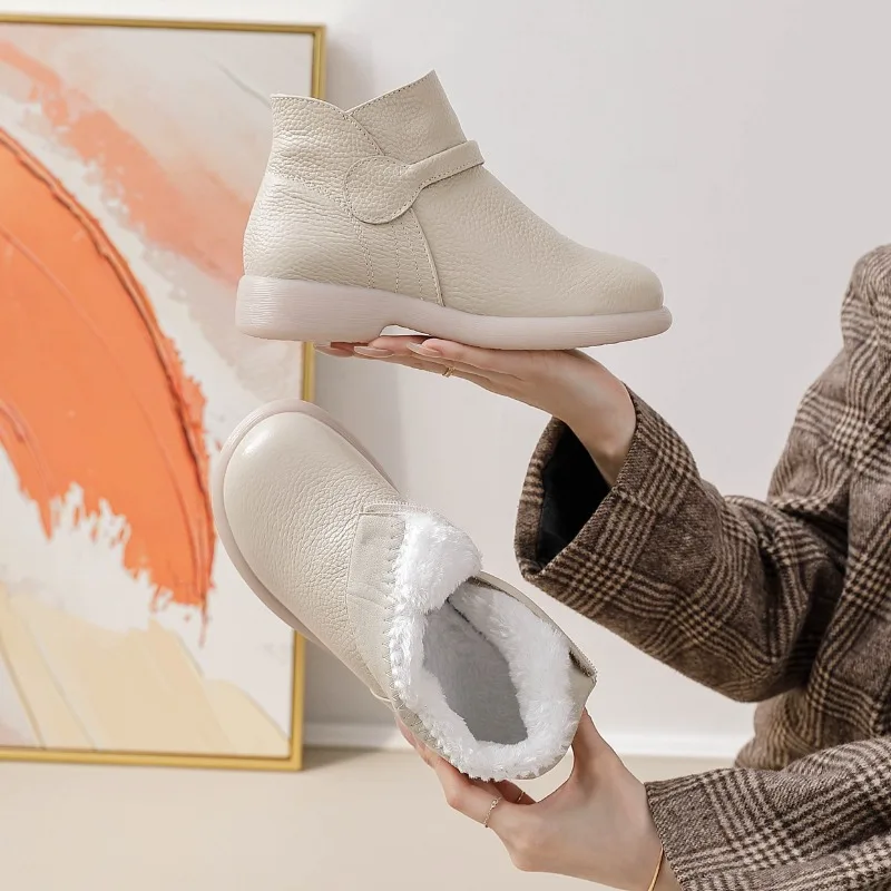 2025 Winter Echtes Leder Schuhe Frauen Stiefeletten Warme Plüsch Weiche Marke Damen Schnee Stiefel Große Größe 41 Beige Schwarz D647