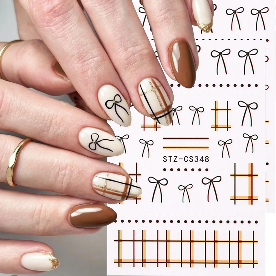 2 Stück Herbst-Nagelaufkleber, Sterne, schwarze Schleife, braune Linien, selbstklebende Nagel-Herbst-Abziehbilder, Schieber, Dekorationen, Maniküre-Zubehör Image