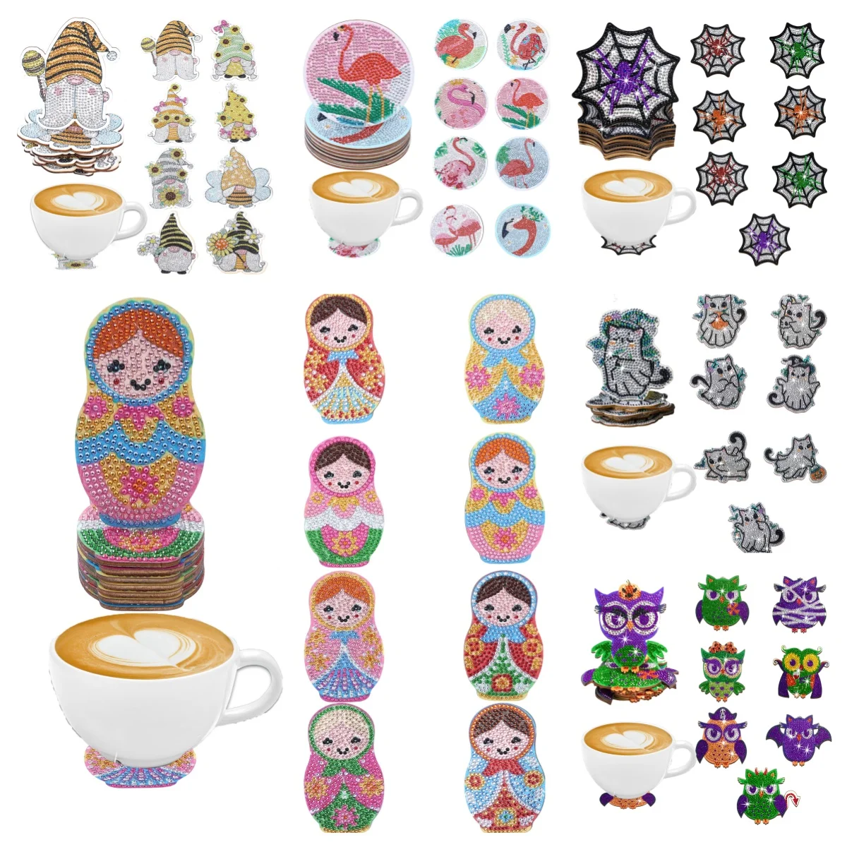 8er-Set für DIY-Untersetzer mit Cartoon-/Tiermuster und Diamantmalerei, rutschfeste Untersetzer aus Holz, Wohnzimmer, Küche Image