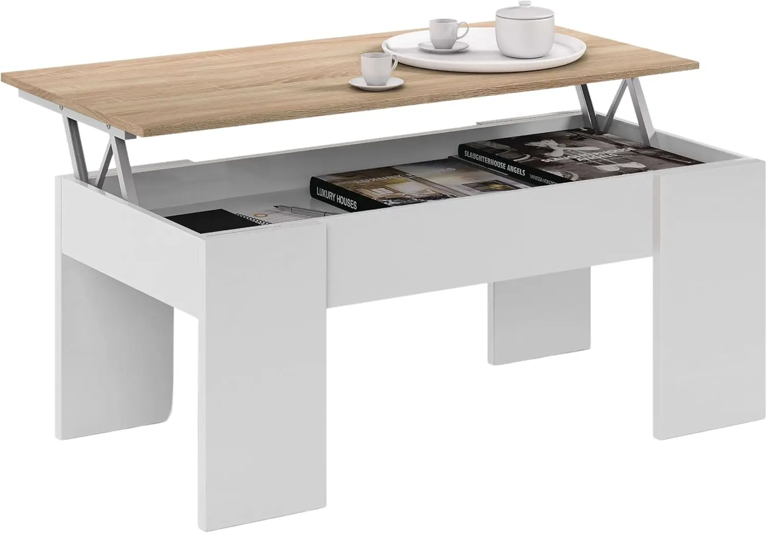 höhenverstellbarer Couchtisch, Wohnzimmertisch multifunctional mit Storage, modernes Design in Artik weiß und und kanadische E