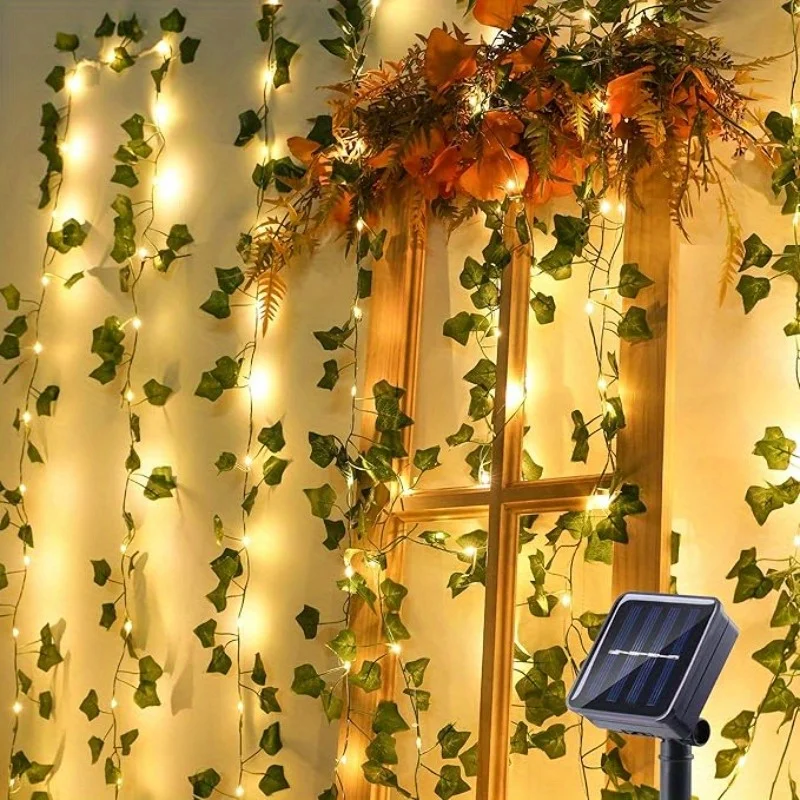 Solar-Rebe-Lichterkette, 50/100 LEDs, Solar-Lichterkette, 8 Modi, künstliche Efeu-Lichterkette für Hochzeit im Freien, Garten, Wanddekoration