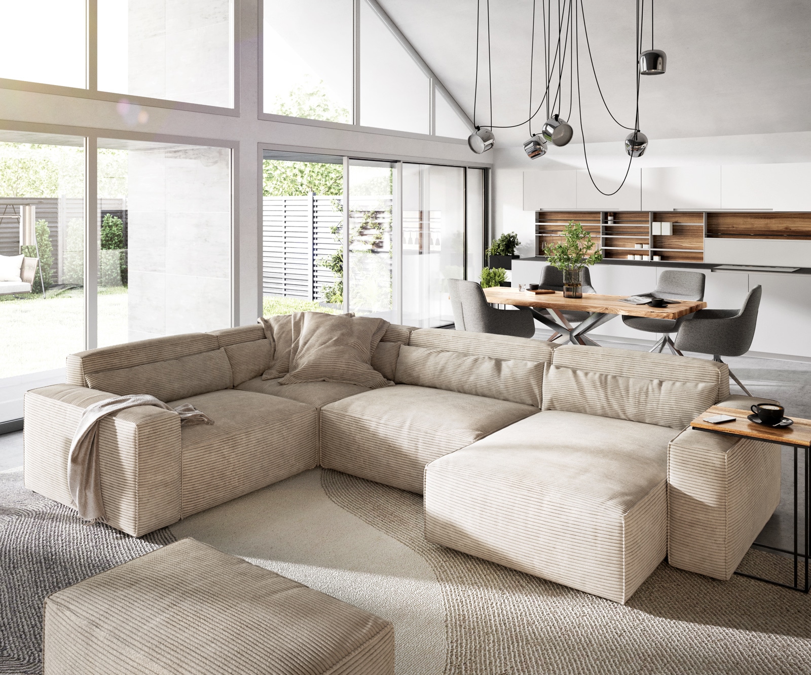 DELIFE Wohnlandschaft Sirpio 300x210 cm Cord Beige Recamiere variabel mit Hocker, Wohnlandschaften Image