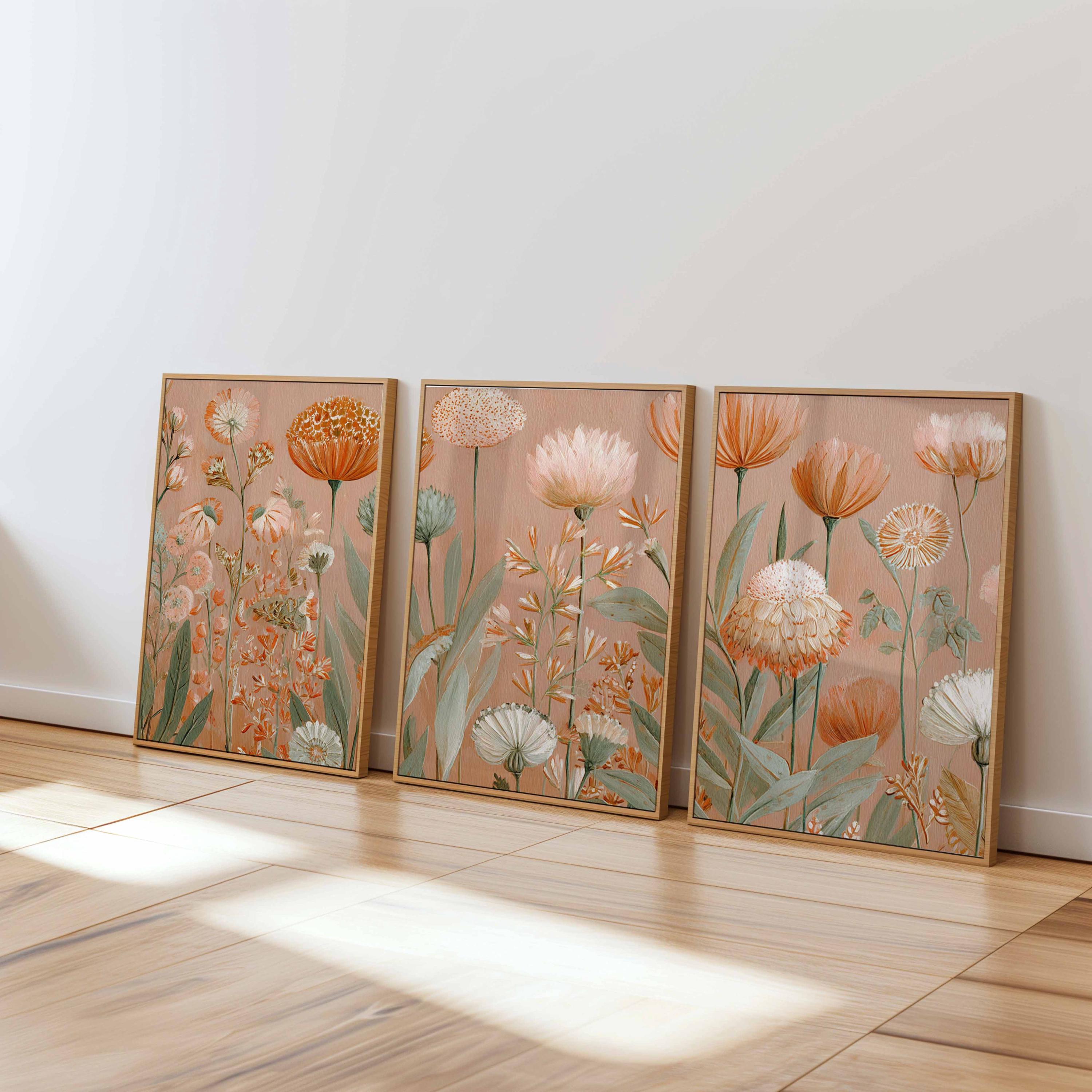 Set di 3 stampe artistiche da parete floreali neutre, poster botanici moderni, opere d'arte floreali beige e terracotta per l'arredamento del soggiorn