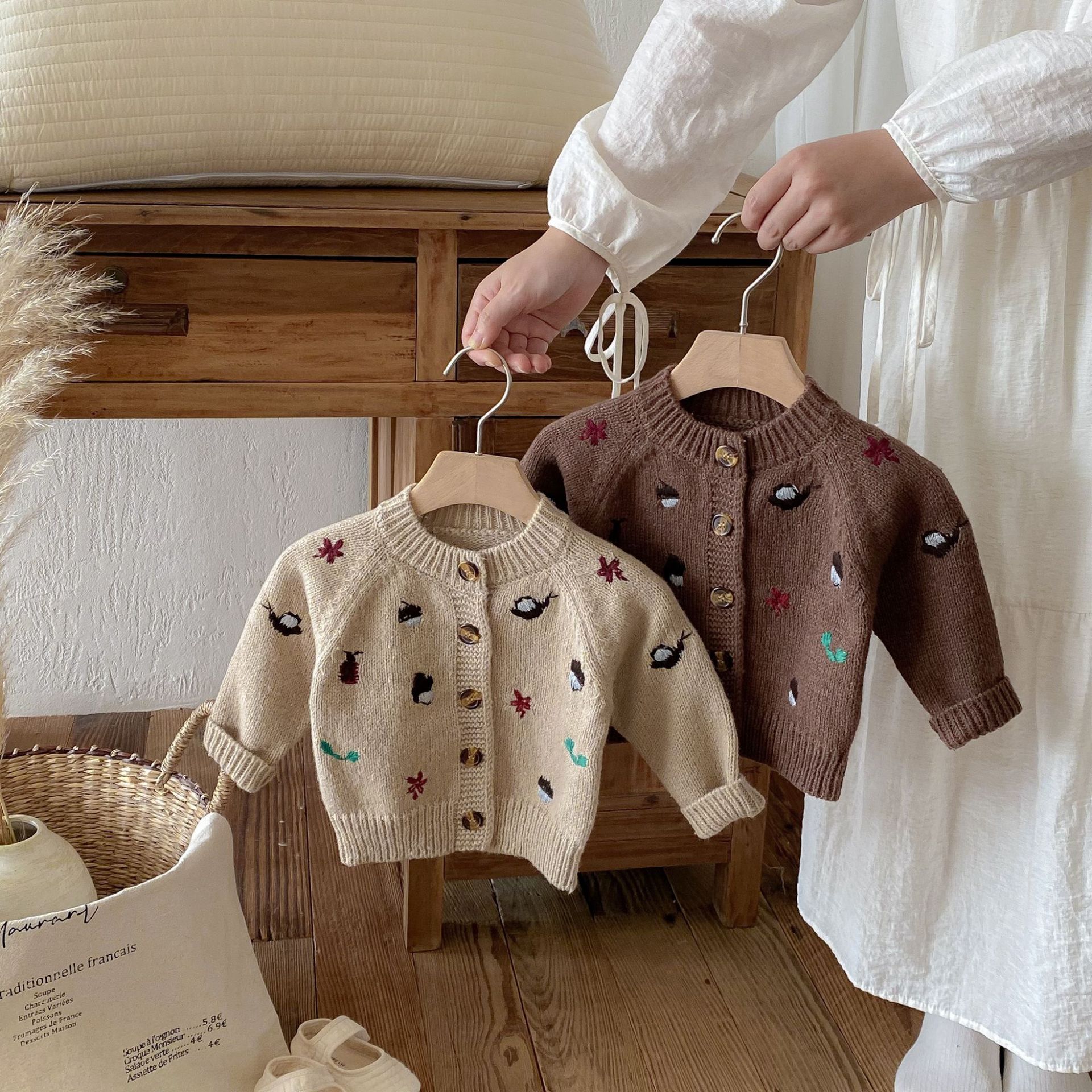 New Baby Knitted Sweater Autumn Winter, Embroidered Long Sleeve Tops, Baby Boy Cardigan Coat Girl Sweater coffee 3t 100cm