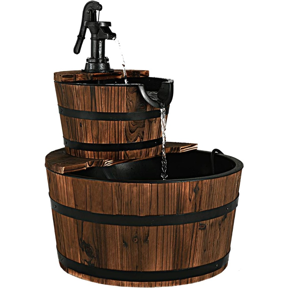 Rustic Wood Barrel Cascading Water Fountain With Electric Pump, Barrel Waterfall Fountain Outdoor For Garden & Patio Rustic Wood Barrel Cascading Water Fountain With Electric Pump, Barrel Waterfall Fountain Outdoor For Garden & Patio