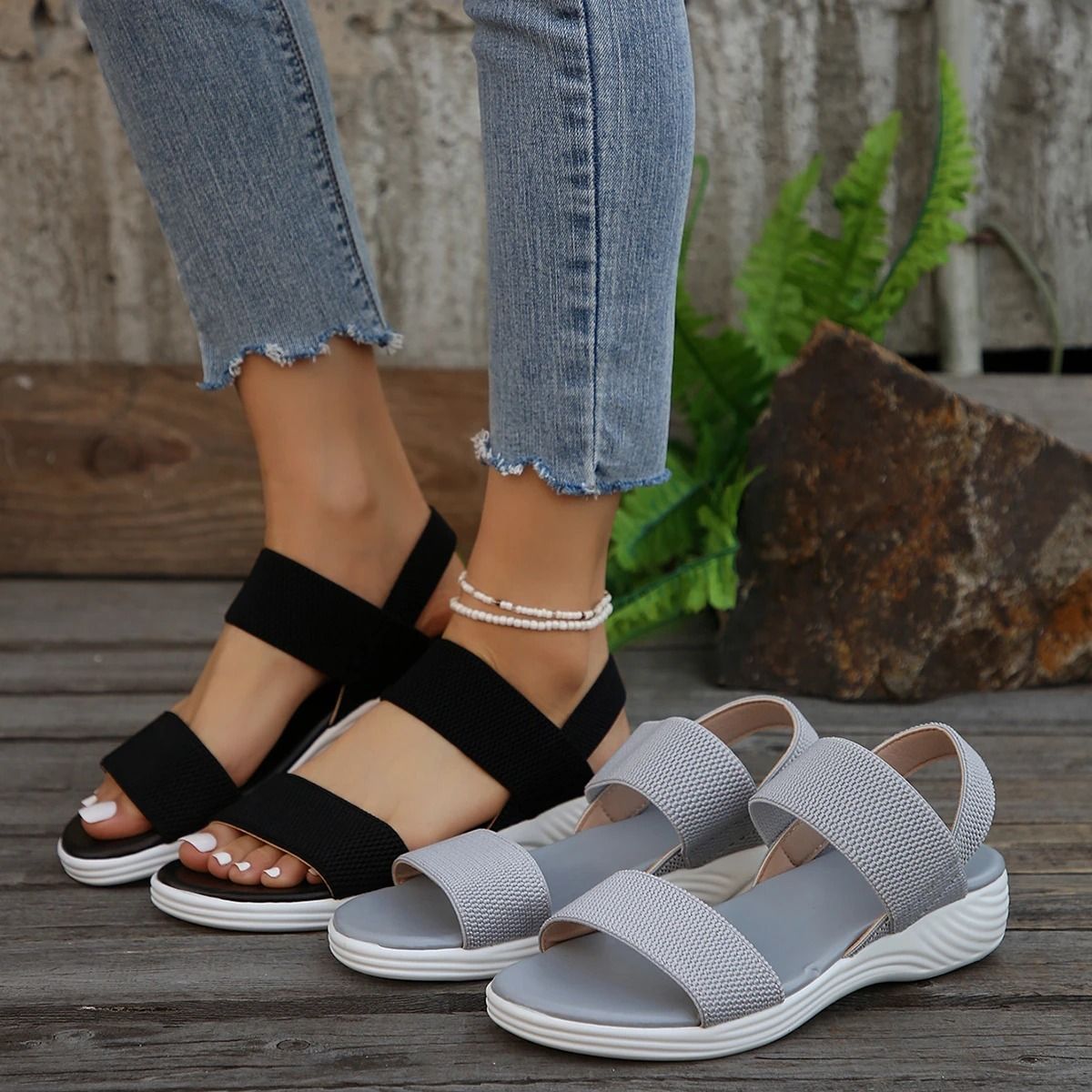 Women Knit Elastic Cloth Wedge Sandals Slip On Lightweight Walking Sandals us 7 pink