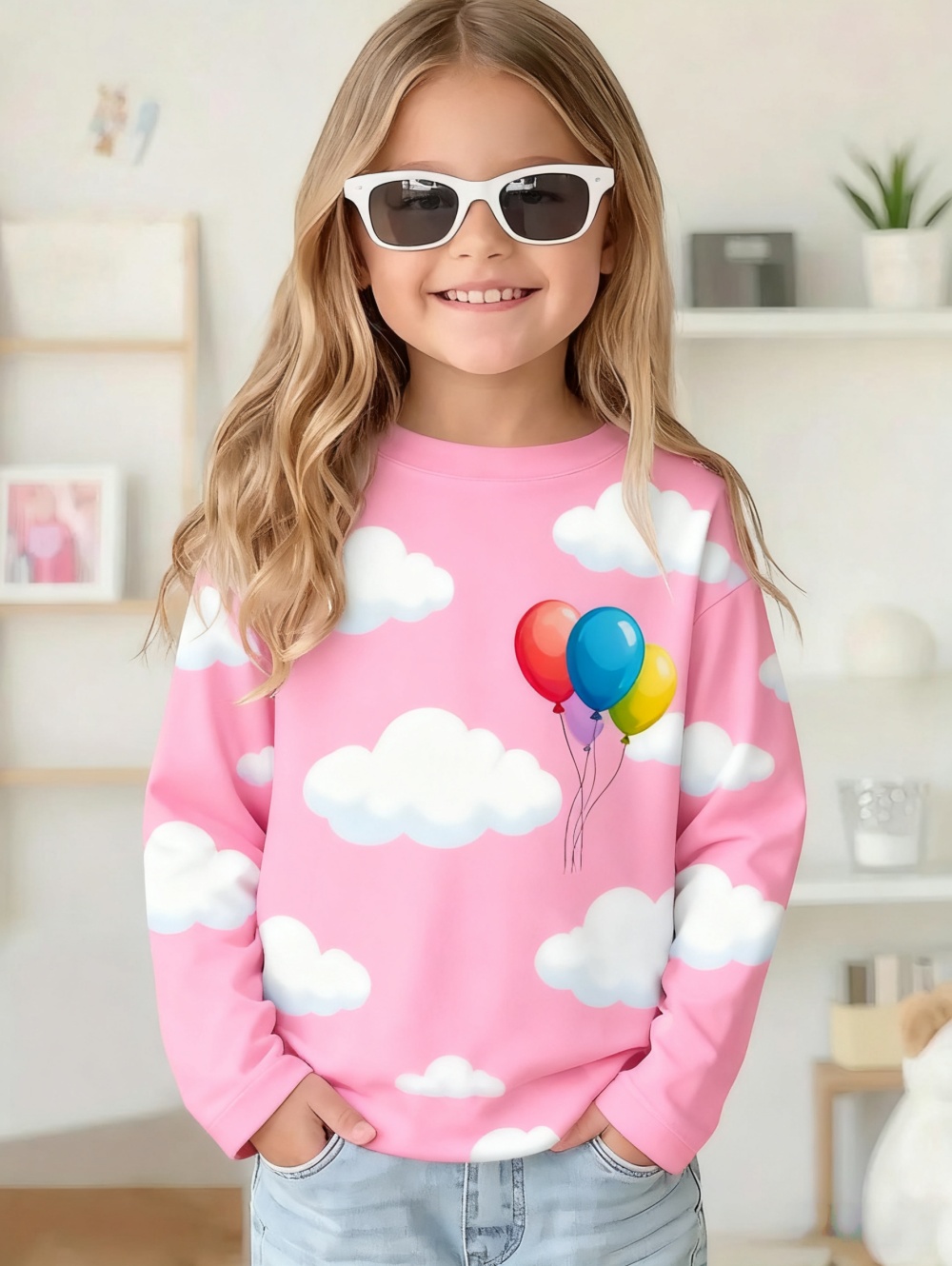 Cute Pink Clouds 3D Print Kids T Shirt, Girls Long Sleeve Top, Casual Comfort Childrens Clothing For Autumn Outdoors cxs002dv 120