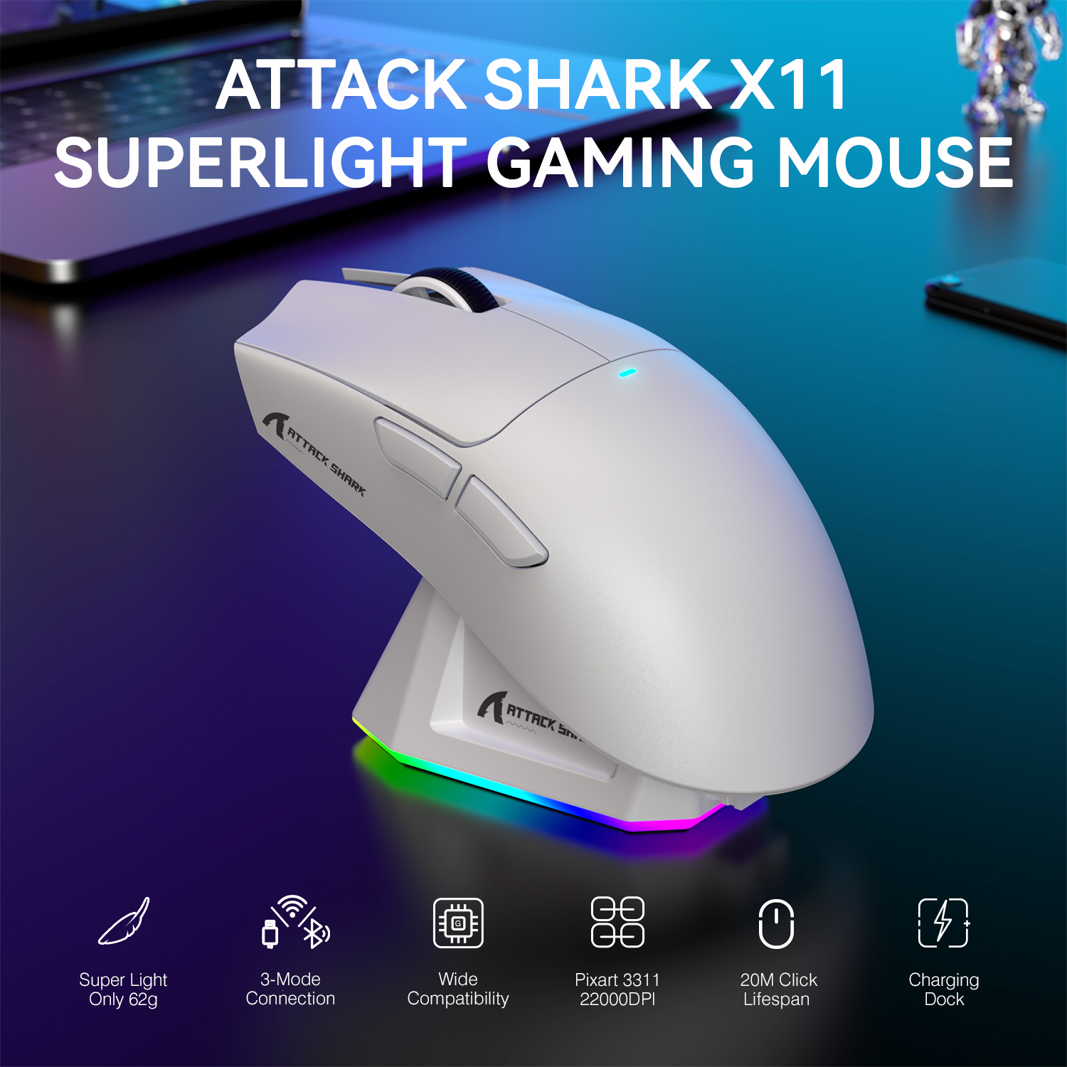 Gaming Mouse ATTACK SHARK X11 Lightweight Wireless, RGB Backlight Charging, Optical Sensor, Up To 22K DPI red