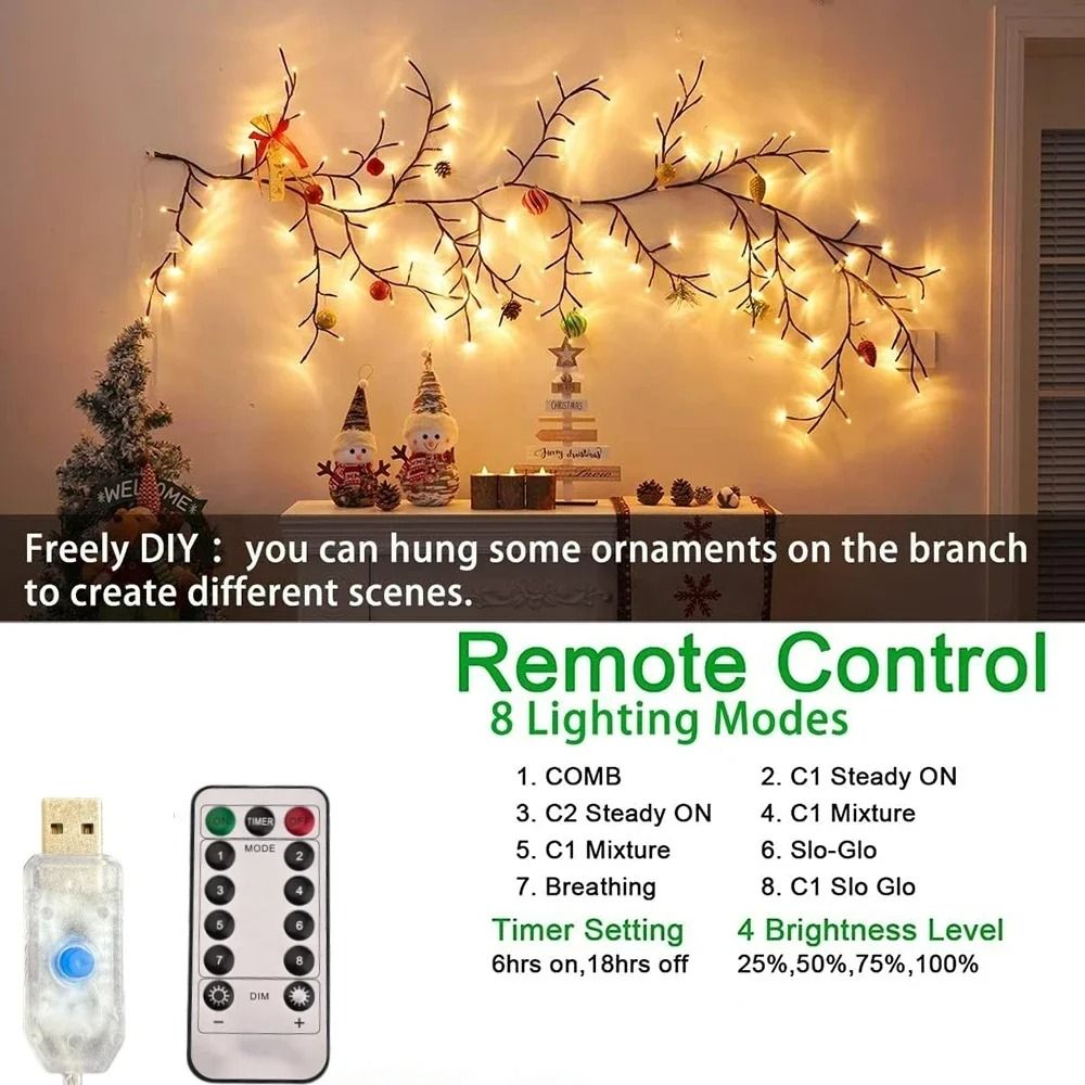 Willow Vine Branch USB String Lights With Eight Warm Light Modes 96 Led 1.9m