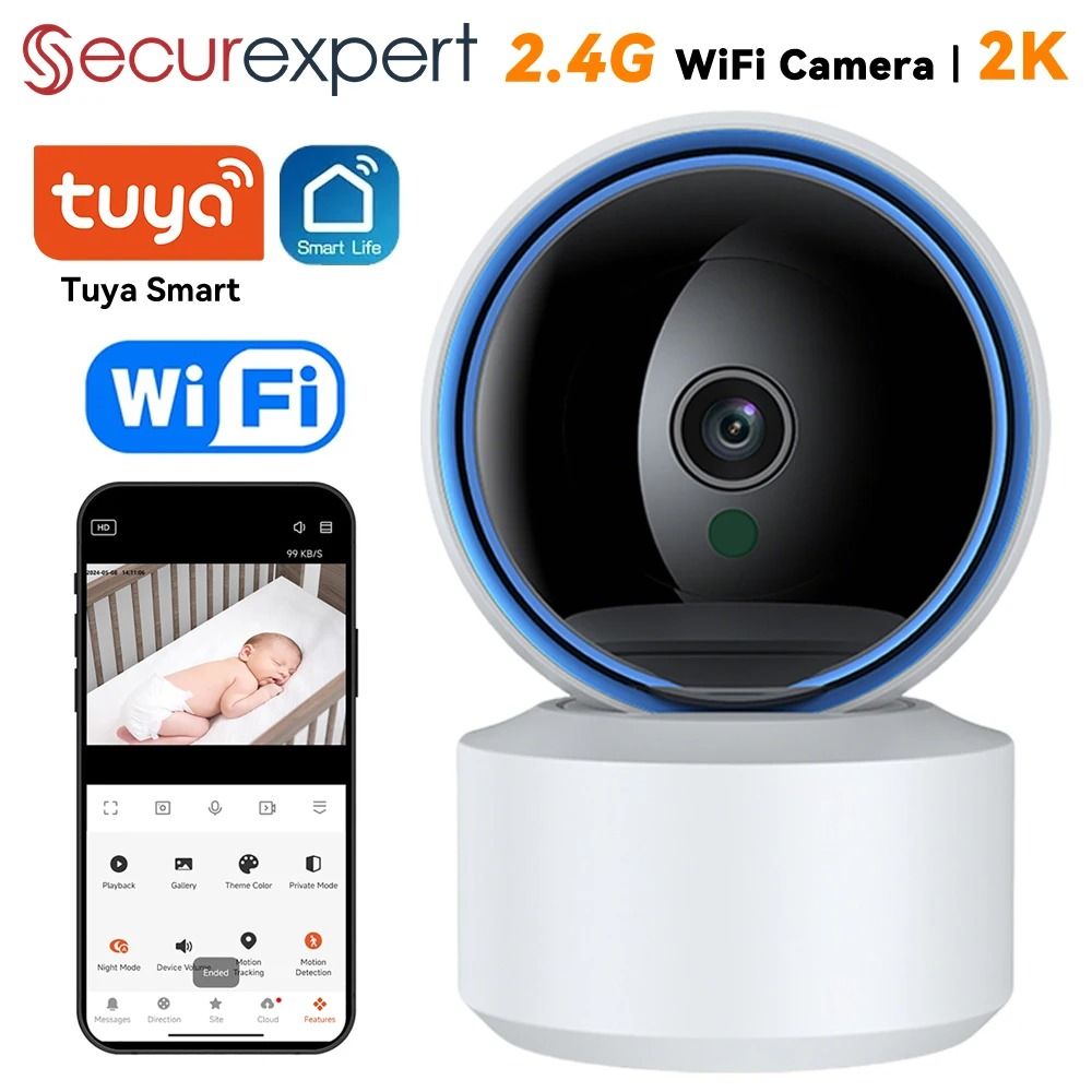 Tuya 5MP Wifi IP Camera Baby Monitor 360 PTZ Two Way Audio Night Vision us black Cam Add 128 Gb
